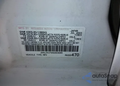 2004 Mitsubishi Outlander Xls z USA, uszkodzony, nr VIN JA4LZ41F64U003085